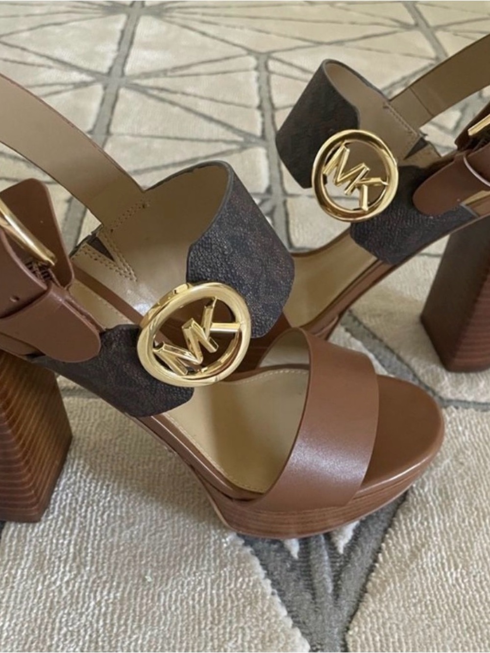 Michael Kors Brown Leather & Monogram Platform Block Heel Sandals